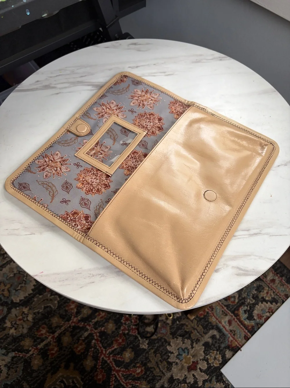 HOBO Beige Leather Stitch-Detail Fold-Over Clutch